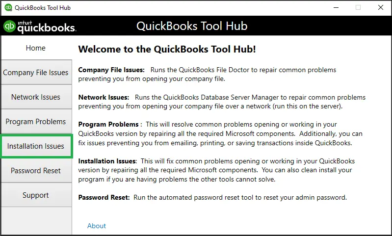 Choose Installation Issues from QuickBooks Tools Hub - Screenshot