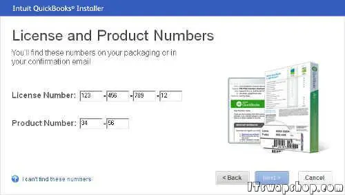 Enter QuickBooks Product ID and License Number - Screenshot