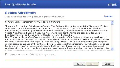QuickBooks Installer License Agreement - Screenshot
