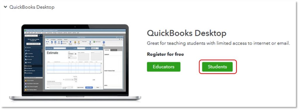 how to register quickbooks for students