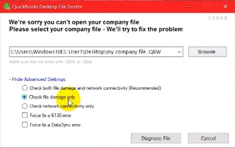Browse Damaged Company File - Screenshot