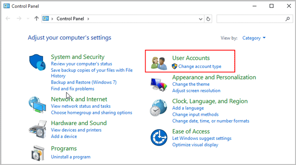 Click User Accounts in Control Panel - Screenshot