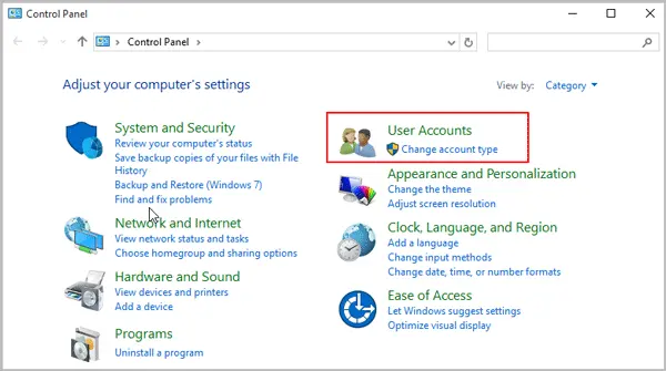 Click User Accounts in Control Panel - Screenshot