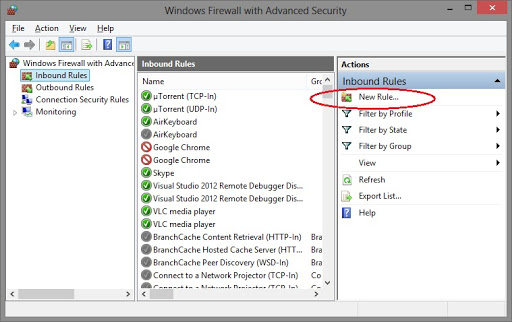Create a new rule in firewall settings - Screenshot Image