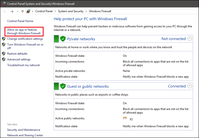 Create exceptions in settings of system firewall - Screenshot