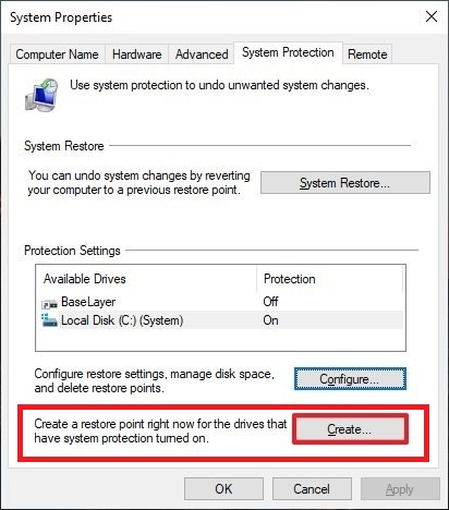 Create restore point Windows-10 - Screenshot