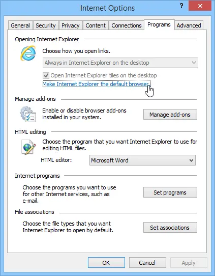 Internet Explorer as the default browser - Screenshot