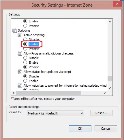 Internet explorer settings enable