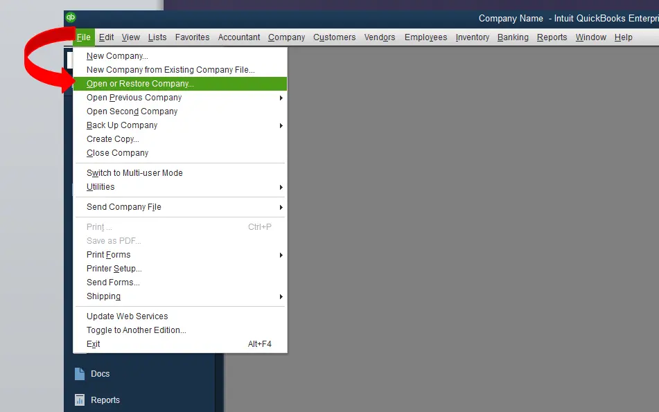 Aprire o ripristinare il file aziendale in QuickBooks-Screenshot