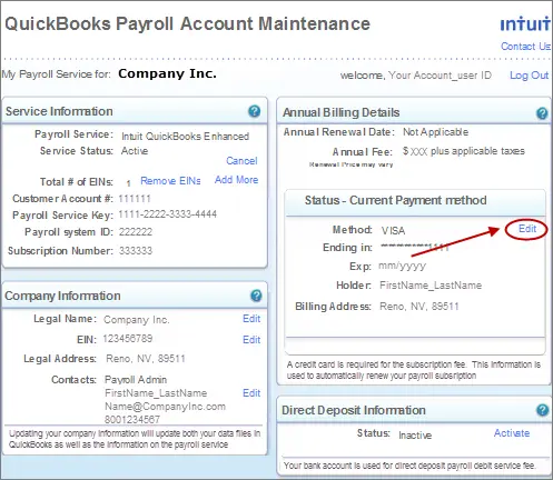 QuickBooks Payroll Account Maintenance - Screenshot