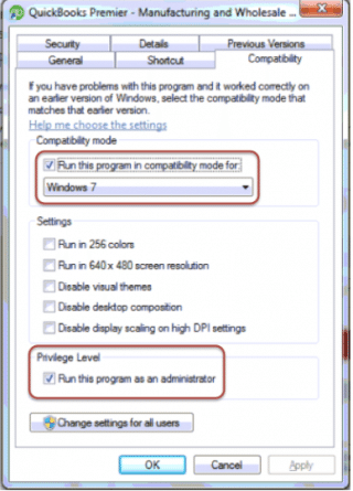 Run QuickBooks in the compatibility mode - Screenshot