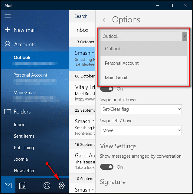 Toggle mail settings - Screenshot