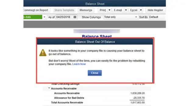 Balance Sheet Out of Balance Problem in QuickBooks - Screenshot