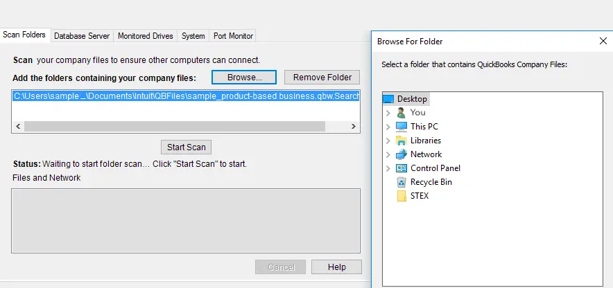 Choose folder in QuickBooks Desktop Database Server Manager - Screenshot