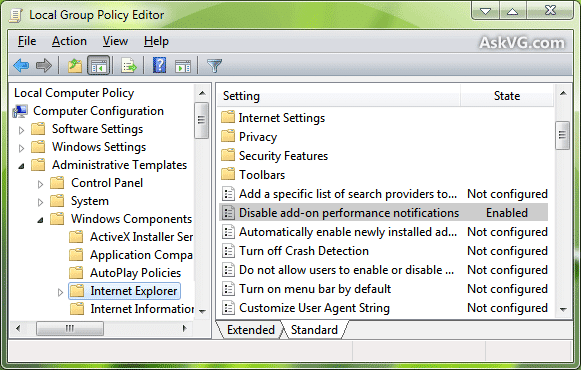 Disable the Add-ons in the Internet Explorer - Screenshot