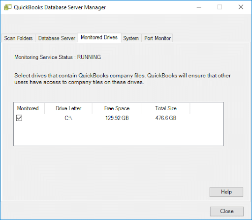 Monitor drive in QuickBooks Desktop Database Server Manager - Screenshot