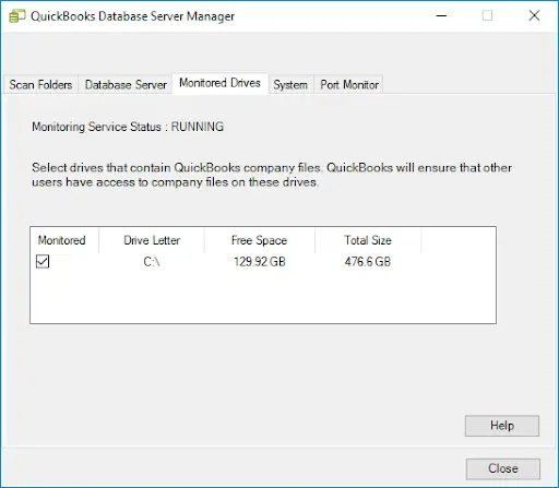 Monitor drive in QuickBooks Desktop Database Server Manager - Screenshot