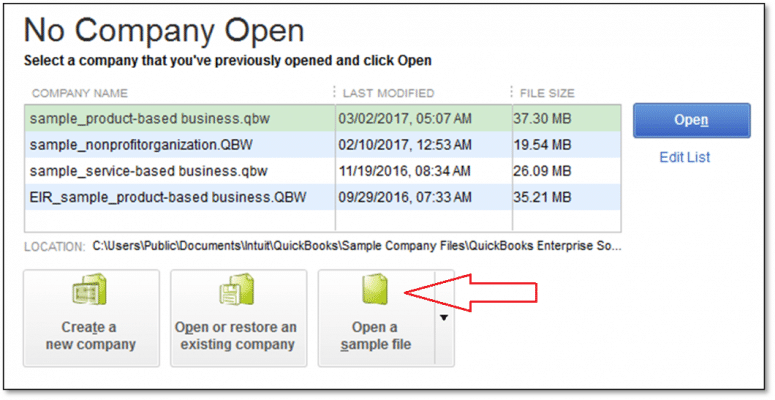 Open a Sample Company File - Screenshot 