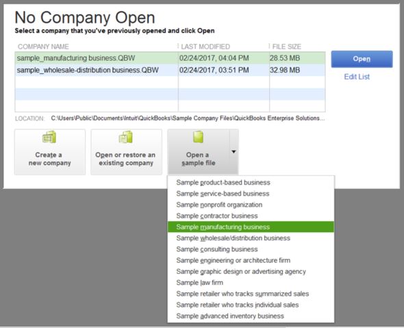 Open up a sample company file - Screenshot