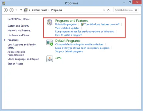 Programs and Features option - Screenshot