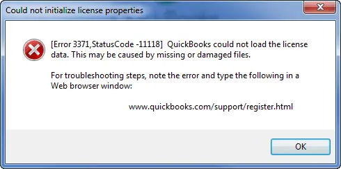 QuickBooks Error Code 3371 - Could not initialize licence properties - Screenshot