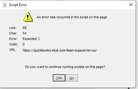 QuickBooks Script Error Message - Screenshot Image