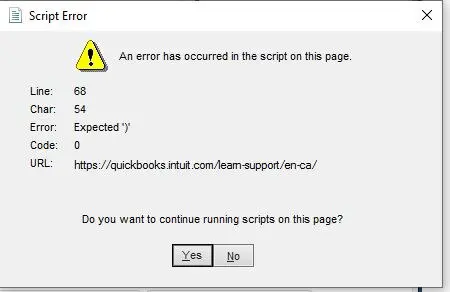 QuickBooks Script Error Message - Screenshot Image