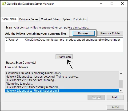 QuickBooks database server manager - Start Scan - Screenshot