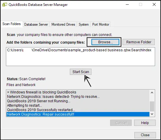 QuickBooks databasserverhanterare (Starta skanning) - skärmdump