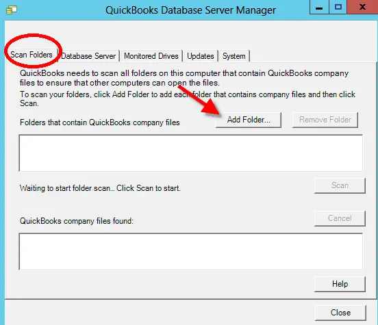 Scan and Add Folder option in QuickBooks Database Server Manager - Screenshot