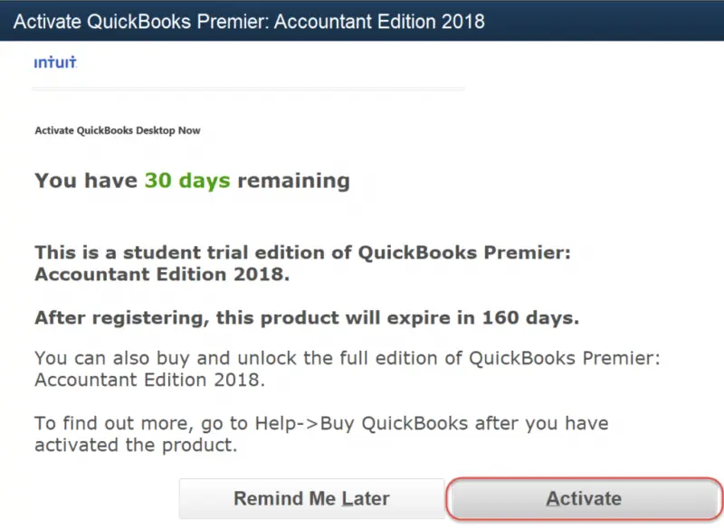 Activate the QuickBooks software (Trial Version) - Screenshot
