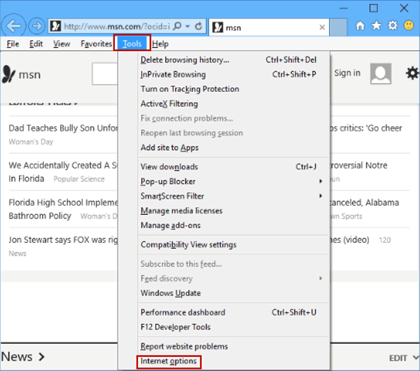 Choose internet options in IE - Screenshot Image