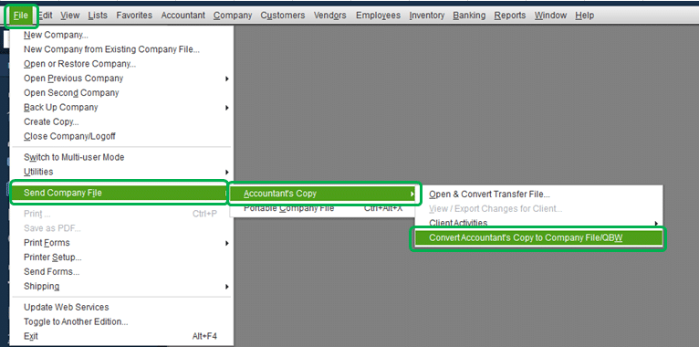 Convert accountant's copy to company file/QBW - Screenshot