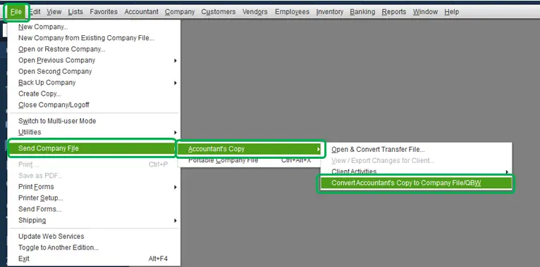 Konvert accountant ' s copy to company file / QBW-Skjermbilde