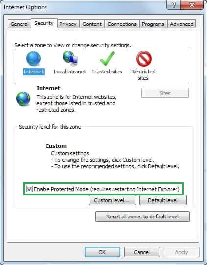 Enable protected mode is unchecked - Screenshot Image