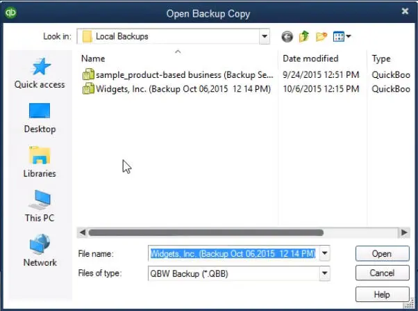 Open backup copy dialog box - Screenshot