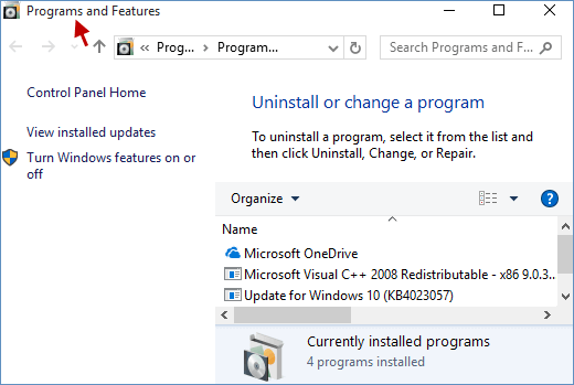 Programs and Features - Screenshot Image