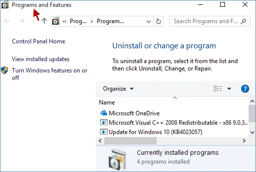 Programs and Features - Screenshot Image