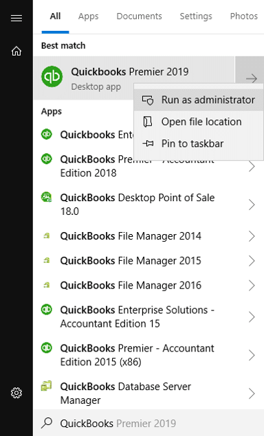 Run QuickBooks as Administrator - Screenshot