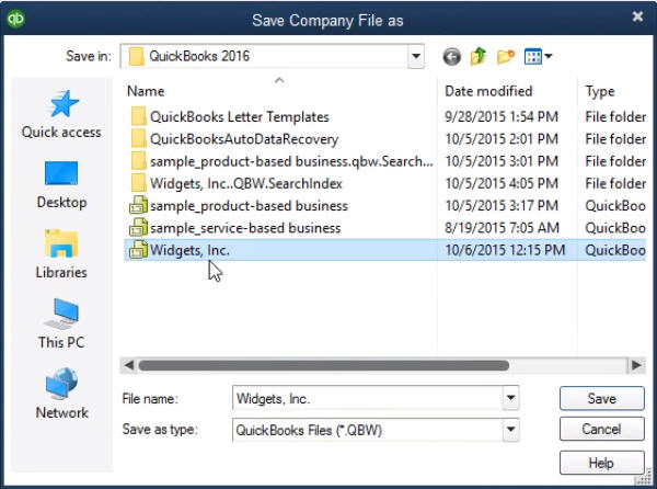 Save company file as dialog box - Screenshot