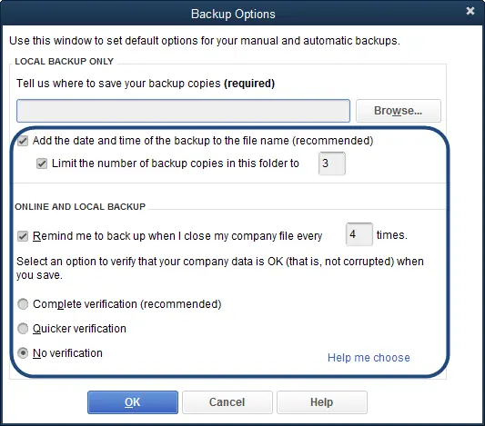Setting up QuickBooks Backup Reminders - Screenshot Image