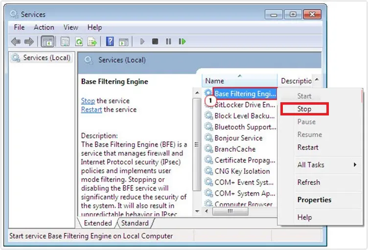Stop base filtering engine service - Screenshot