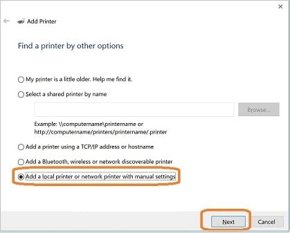 Add a local printer or network print with manual settings - Screenshot