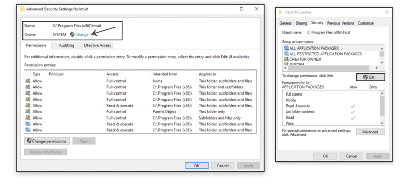 Adding Windows permissions to QuickBooks installation folders - Screenshot