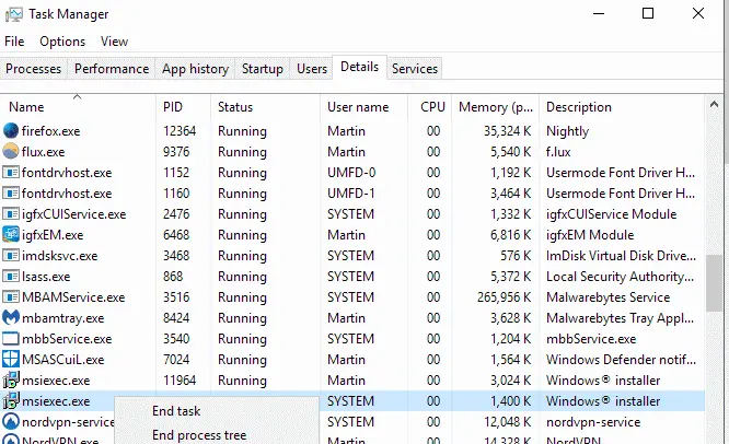 Close MSIEXEC.EXE running in the background - Screenshot