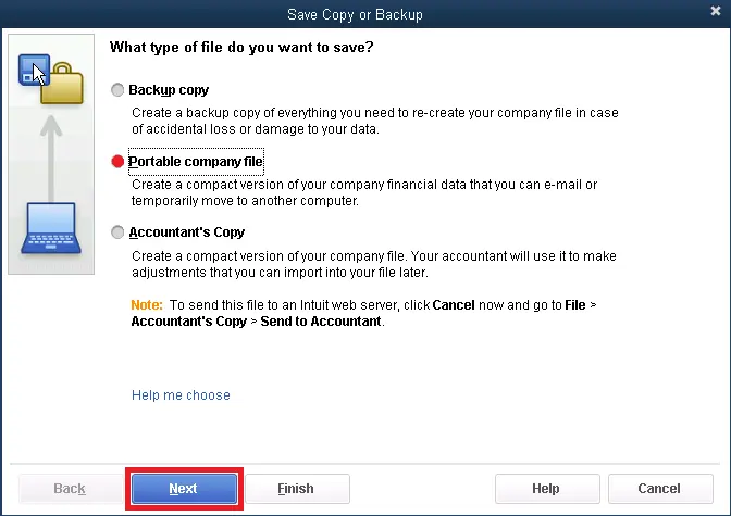 Create or Save a Portable Company File in QuickBooks - Screenshot