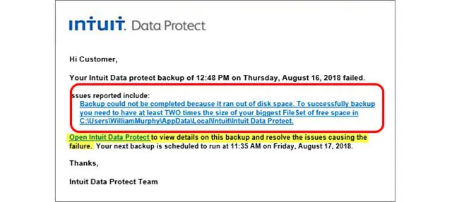 Intuit Data Protect Backup Failed - Screenshot
