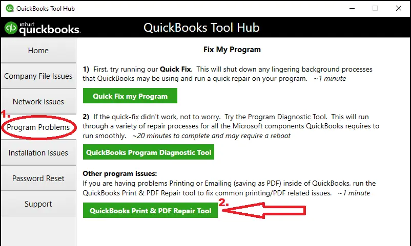 PDF Print repair tool from the QuickBooks tool hub - Screenshot