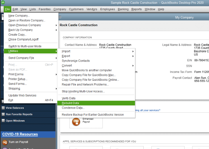 what does it mean to rebuild data in quickbooks