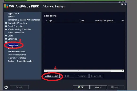 Select manage exceptions in AVG Antirius - Screenshot